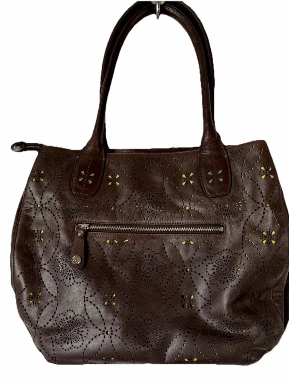 Petunia Pickle Bottom Brown Pierced Leather Floral Lime Lining Diaper Bag Tote